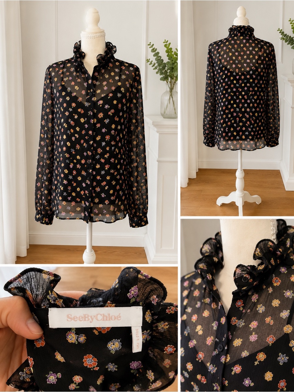 See By Chloe Black Sheer Floral Ruffle-Neck Blouse